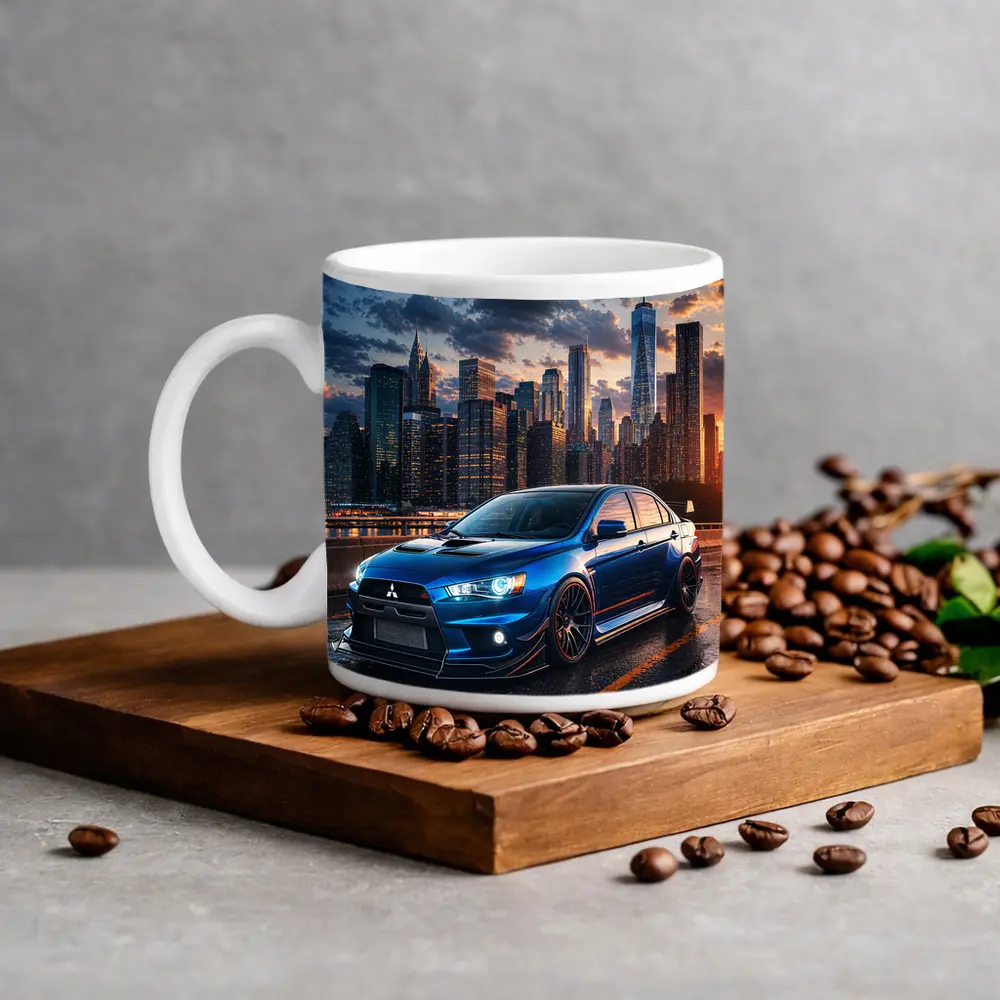 Mitsubishi Lancer Evolution Blue City Skyline – Mugs