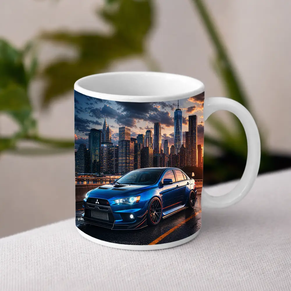 Mitsubishi Lancer Evolution Blue City Skyline – Mugs