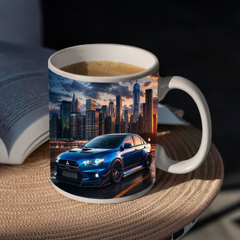 Mitsubishi Lancer Evolution Blue City Skyline – Mugs