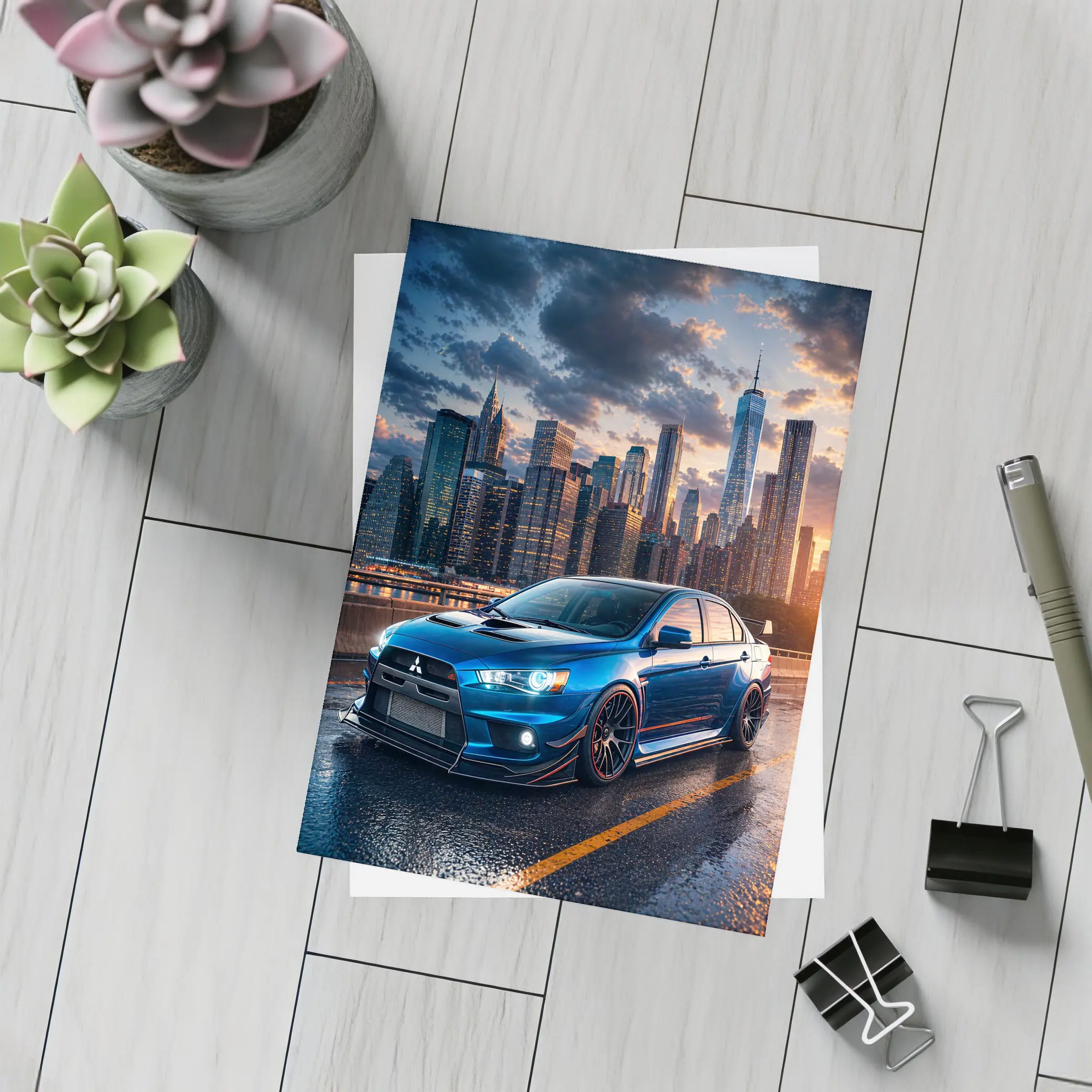 Mitsubishi Lancer Evolution Blue City Skyline – Postcards