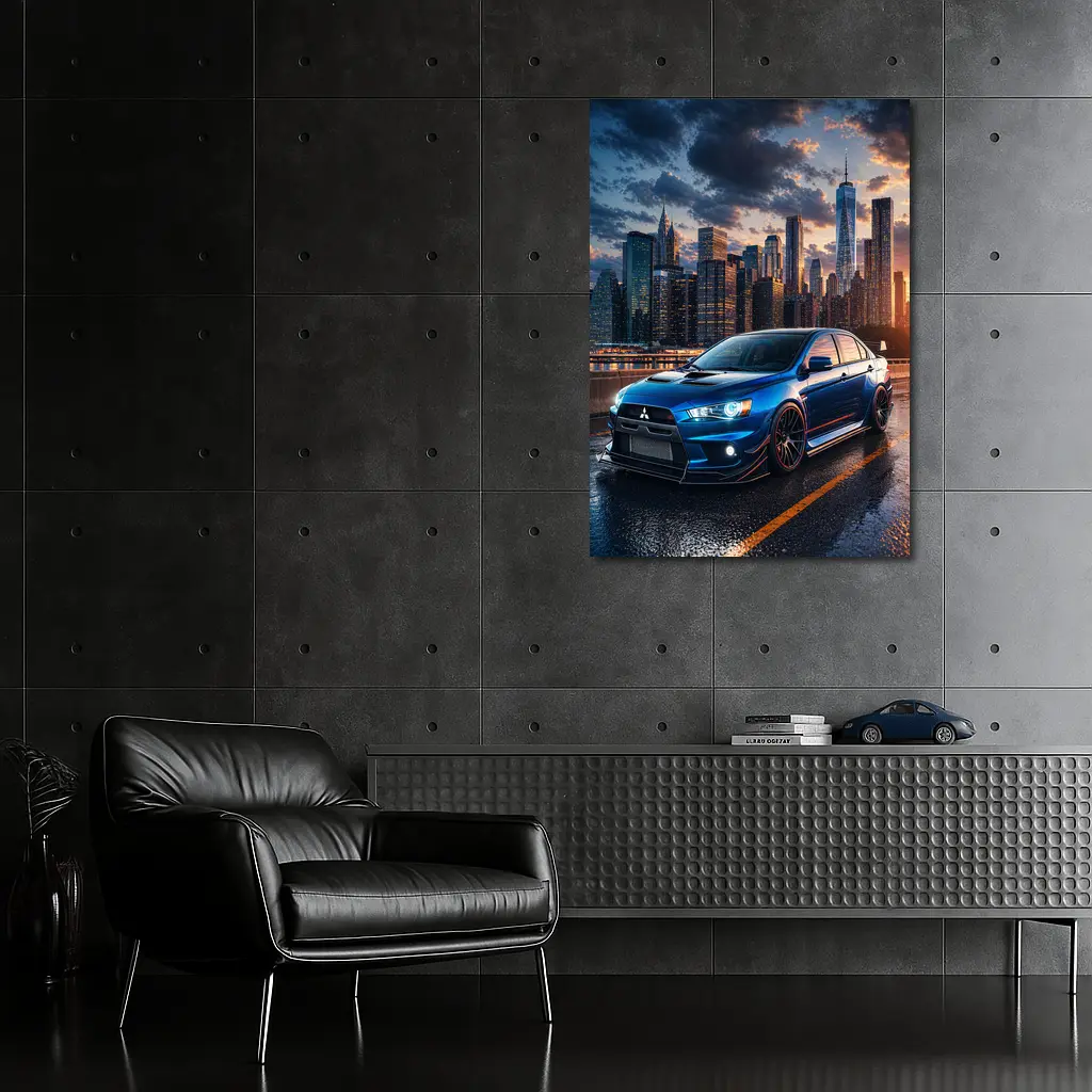 Mitsubishi Lancer Evolution Blue City Skyline – Wall Art