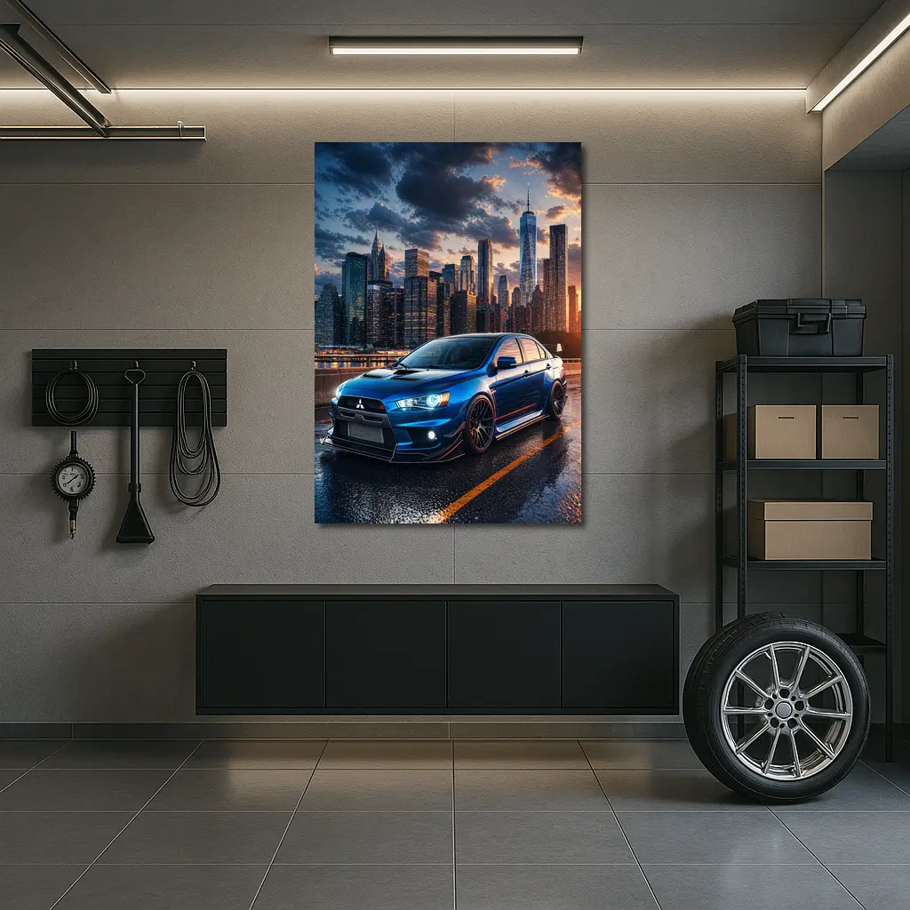 Mitsubishi Lancer Evolution Blue City Skyline – Wall Art