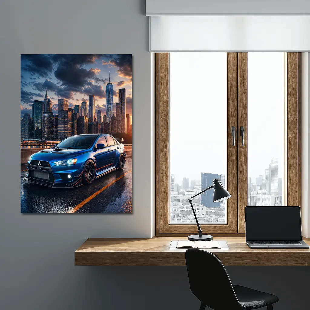 Mitsubishi Lancer Evolution Blue City Skyline – Wall Art