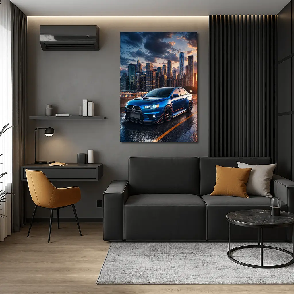 Mitsubishi Lancer Evolution Blue City Skyline – Wall Art