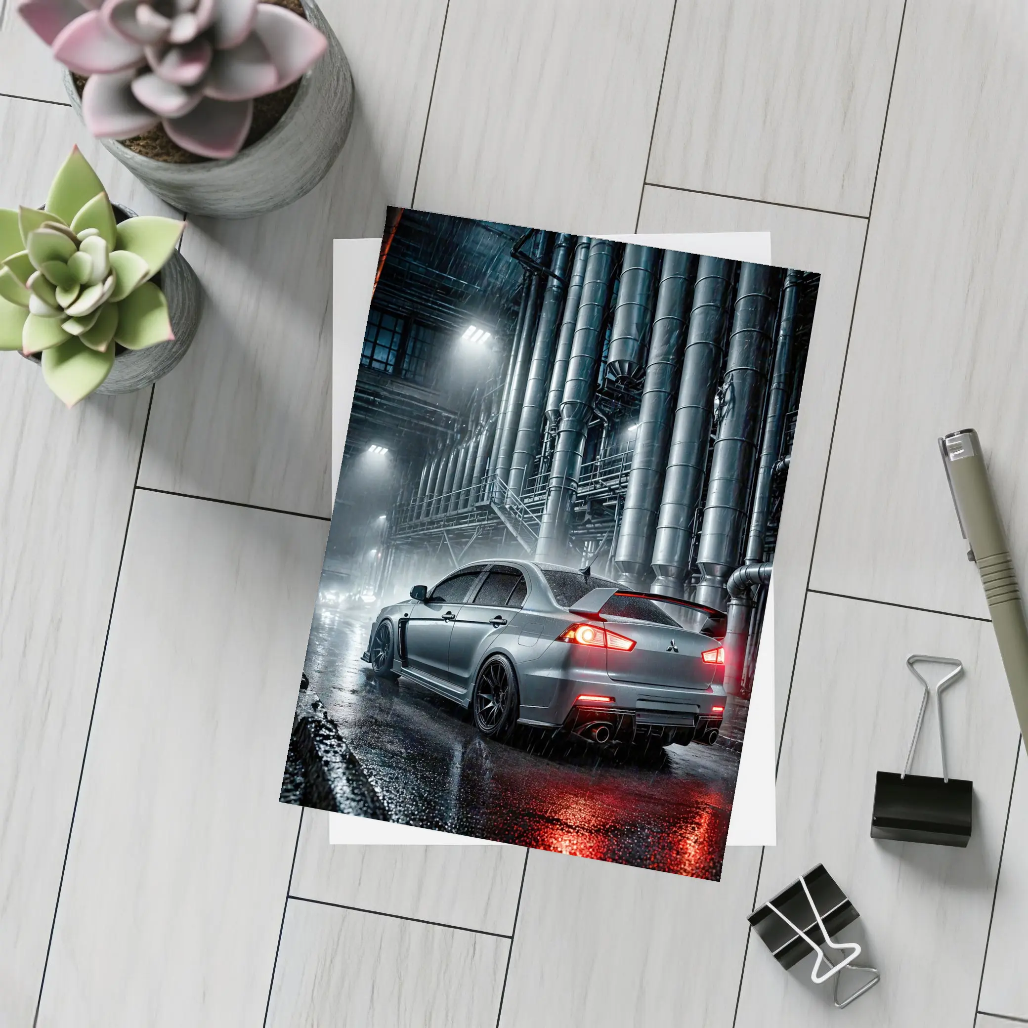 Mitsubishi Lancer Evolution Rainy Industrial Night – Postcards