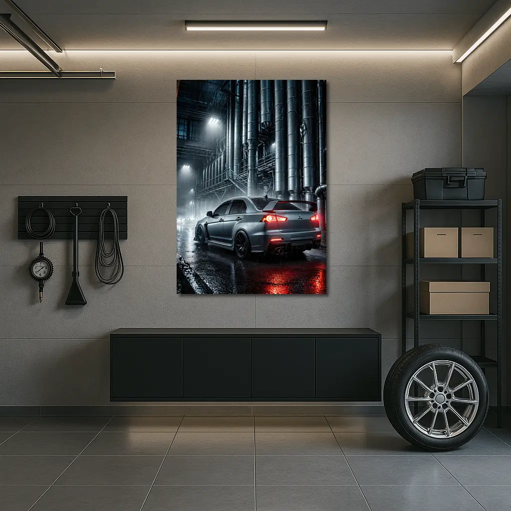 Mitsubishi Lancer Evolution Rainy Industrial Night – Wall Art