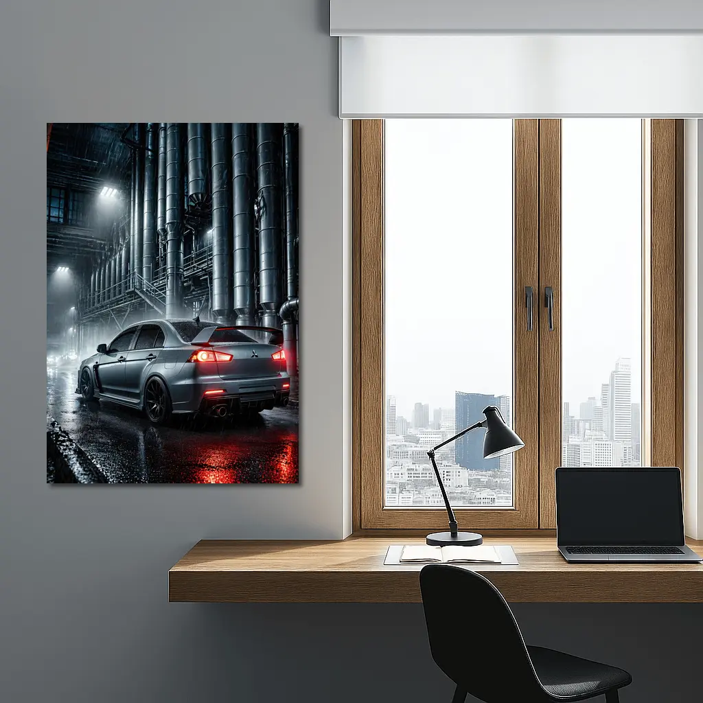 Mitsubishi Lancer Evolution Rainy Industrial Night – Wall Art