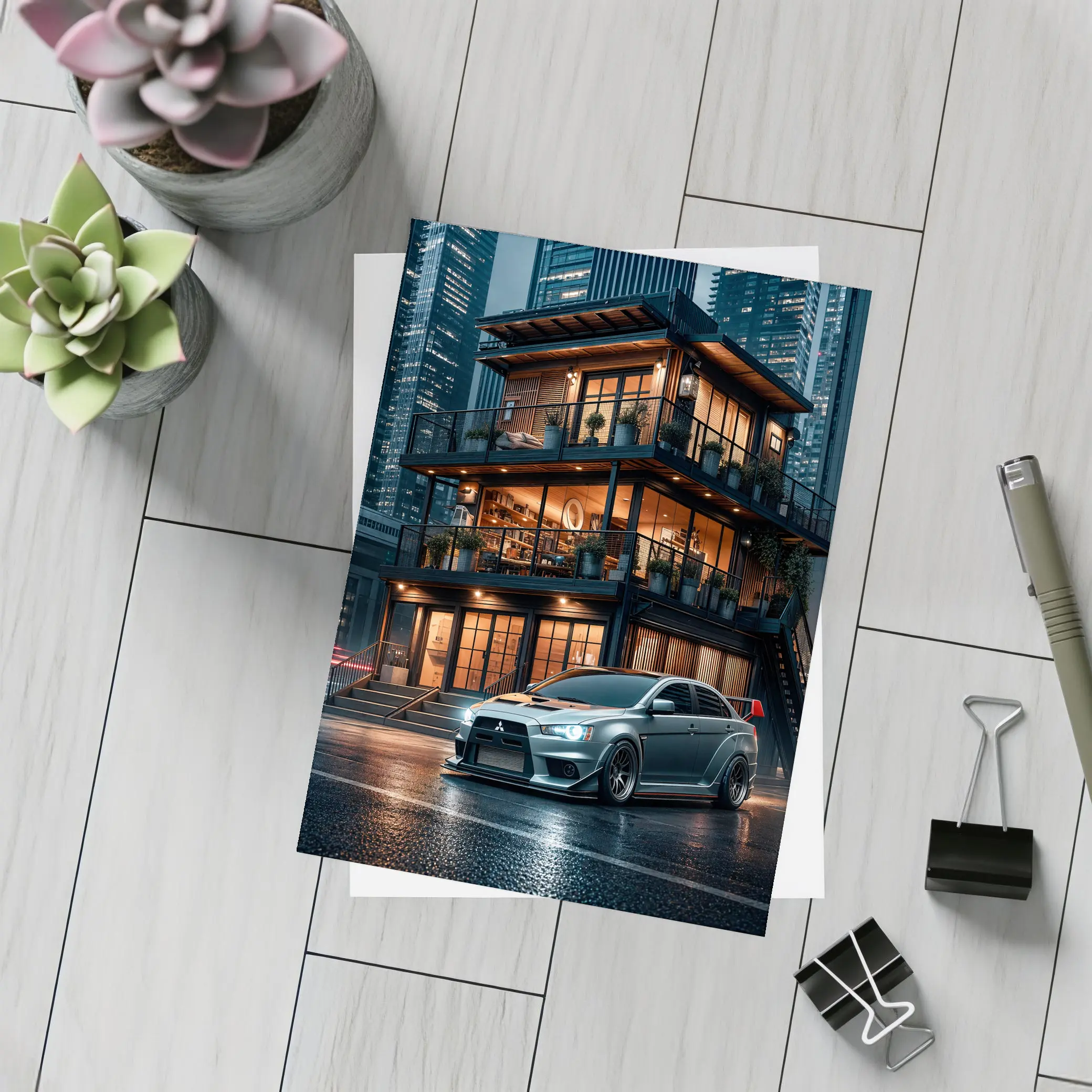 Mitsubishi Lancer Evolution Rainy City Night – Postcards