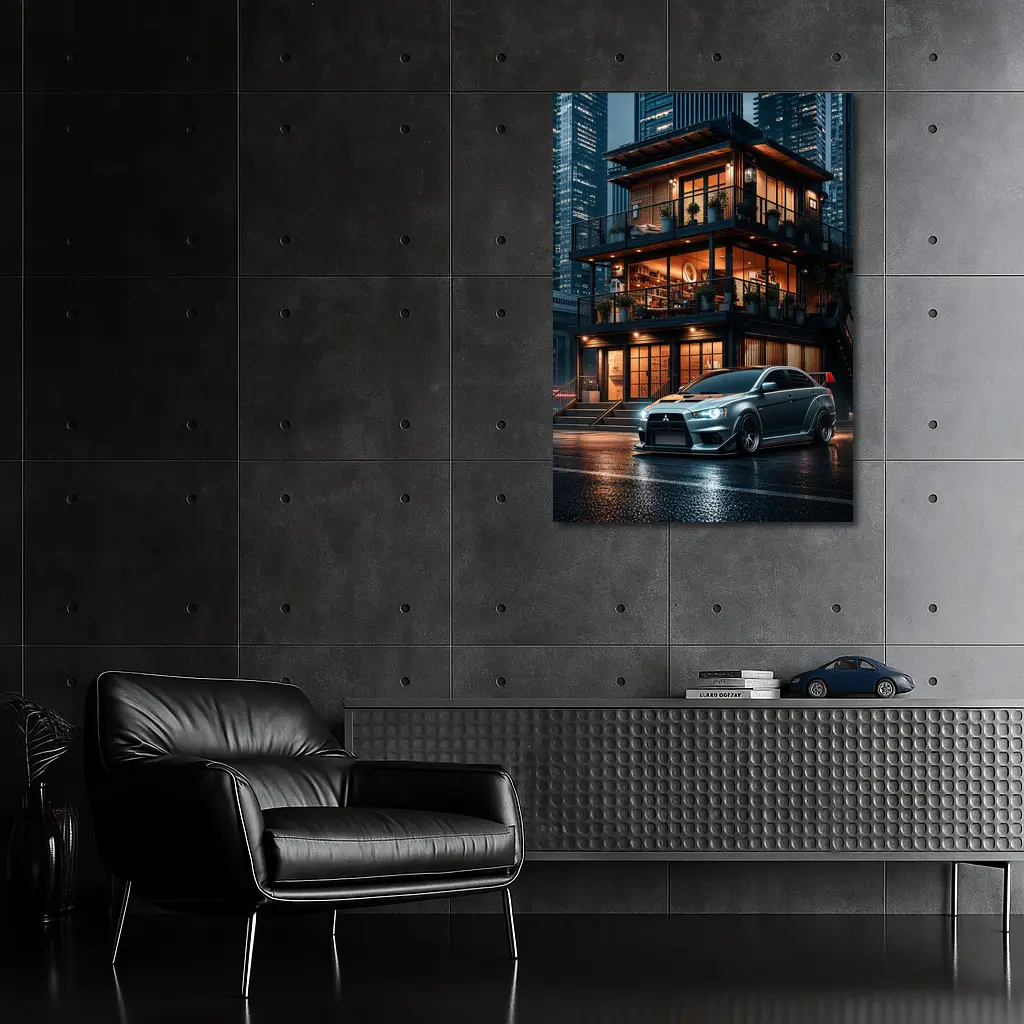 Mitsubishi Lancer Evolution Rainy City Night – Wall Art