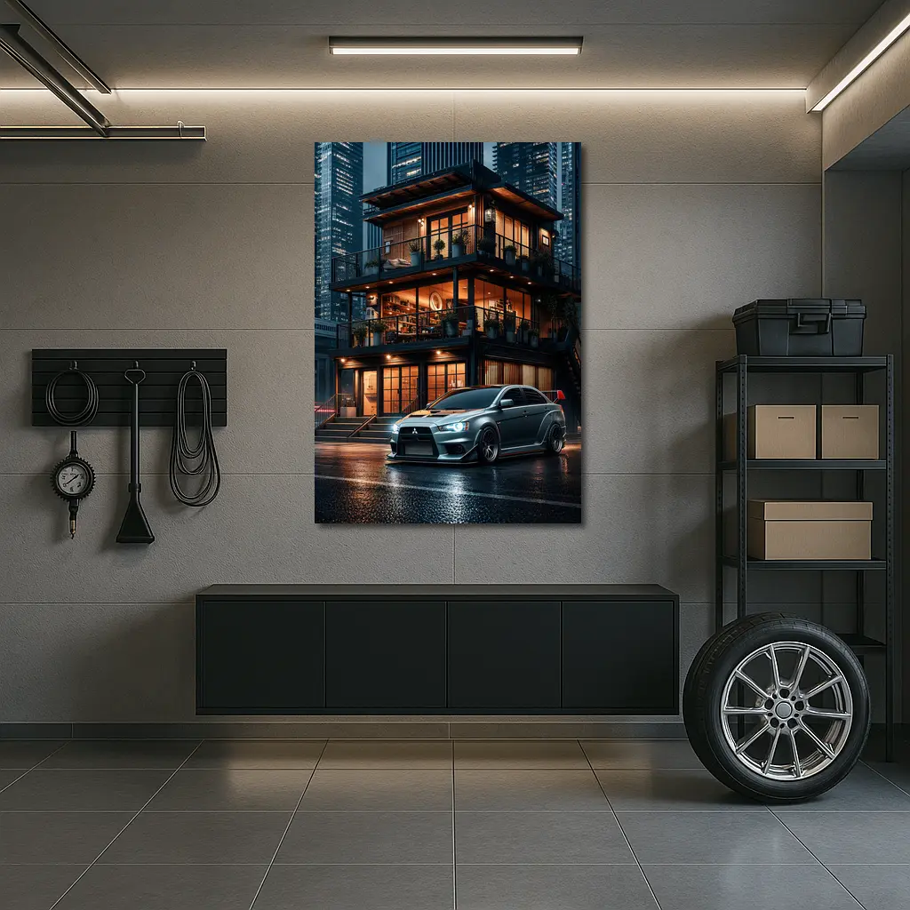 Mitsubishi Lancer Evolution Rainy City Night – Wall Art