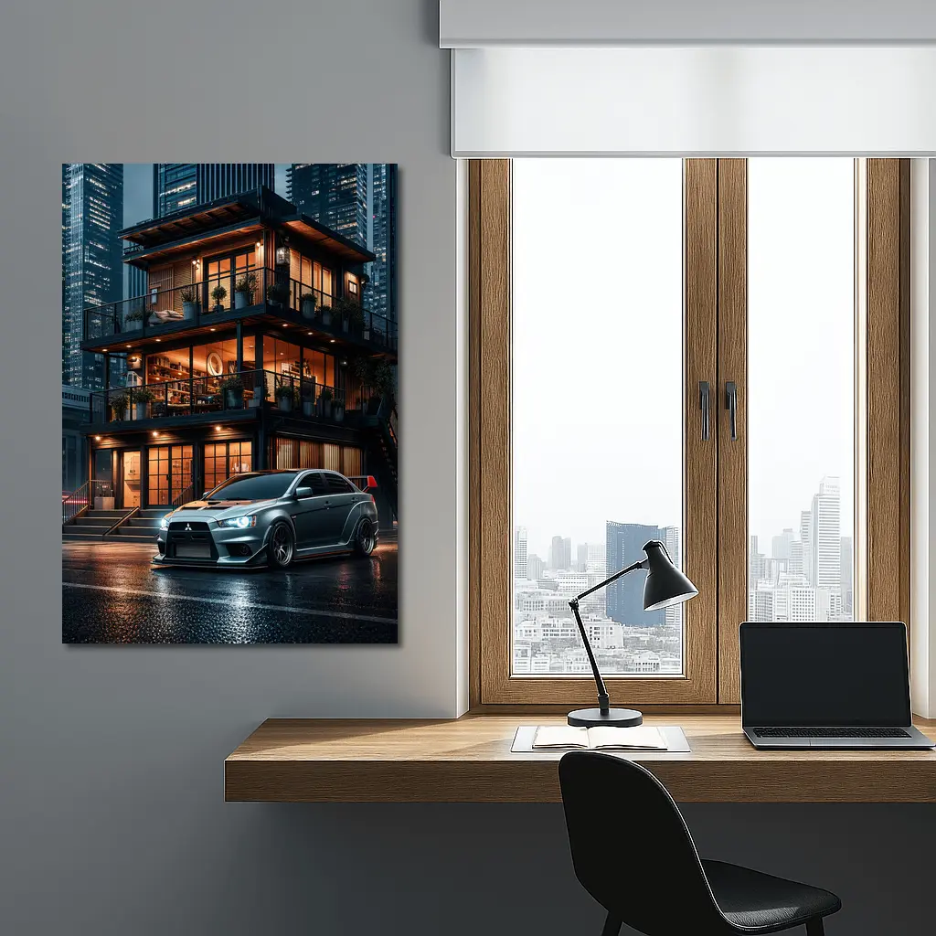 Mitsubishi Lancer Evolution Rainy City Night – Wall Art