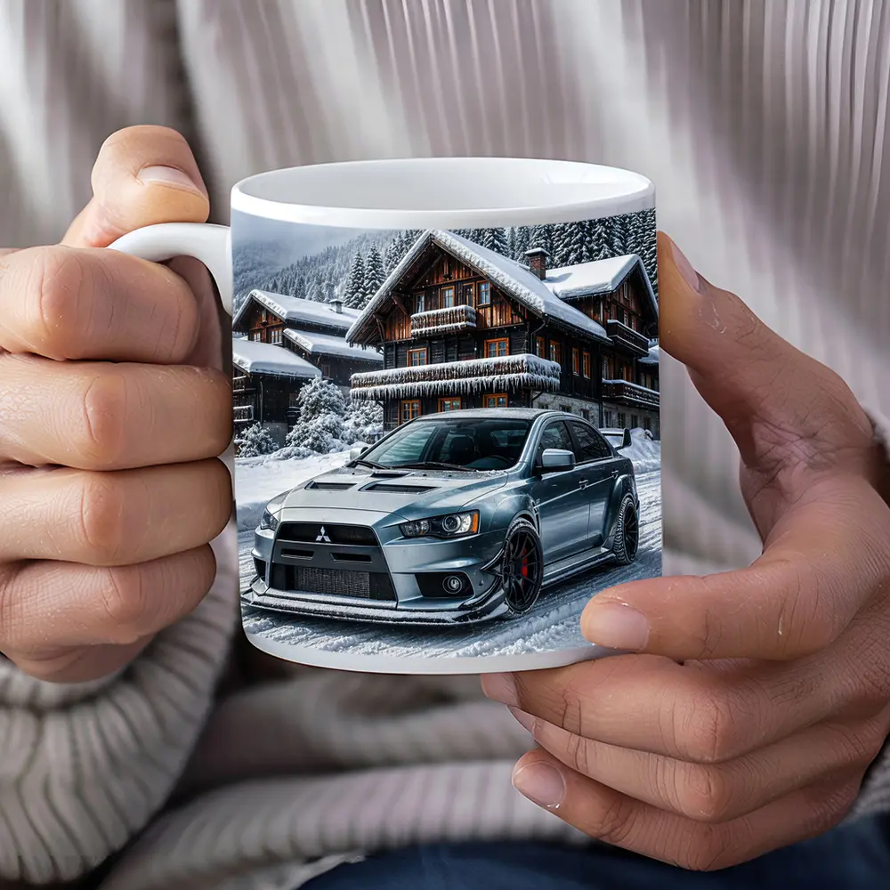 Mitsubishi Lancer Evolution Silver Winter Mountain Scene – Mugs