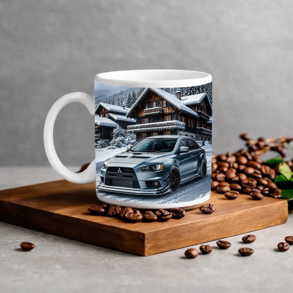 Mitsubishi Lancer Evolution Silver Winter Mountain Scene – Mugs
