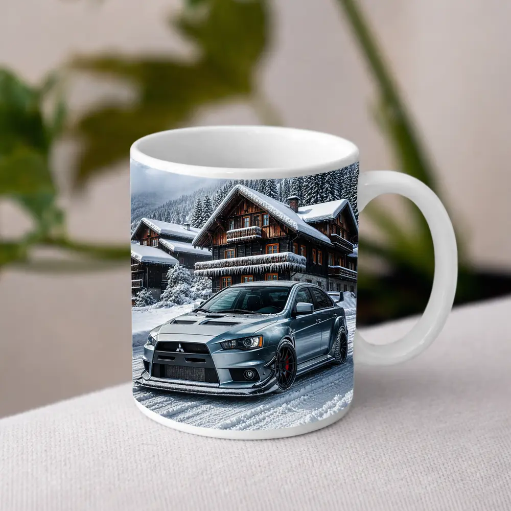 Mitsubishi Lancer Evolution Silver Winter Mountain Scene – Mugs