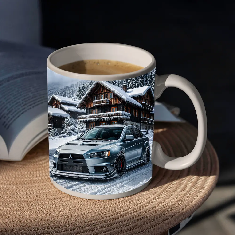 Mitsubishi Lancer Evolution Silver Winter Mountain Scene – Mugs