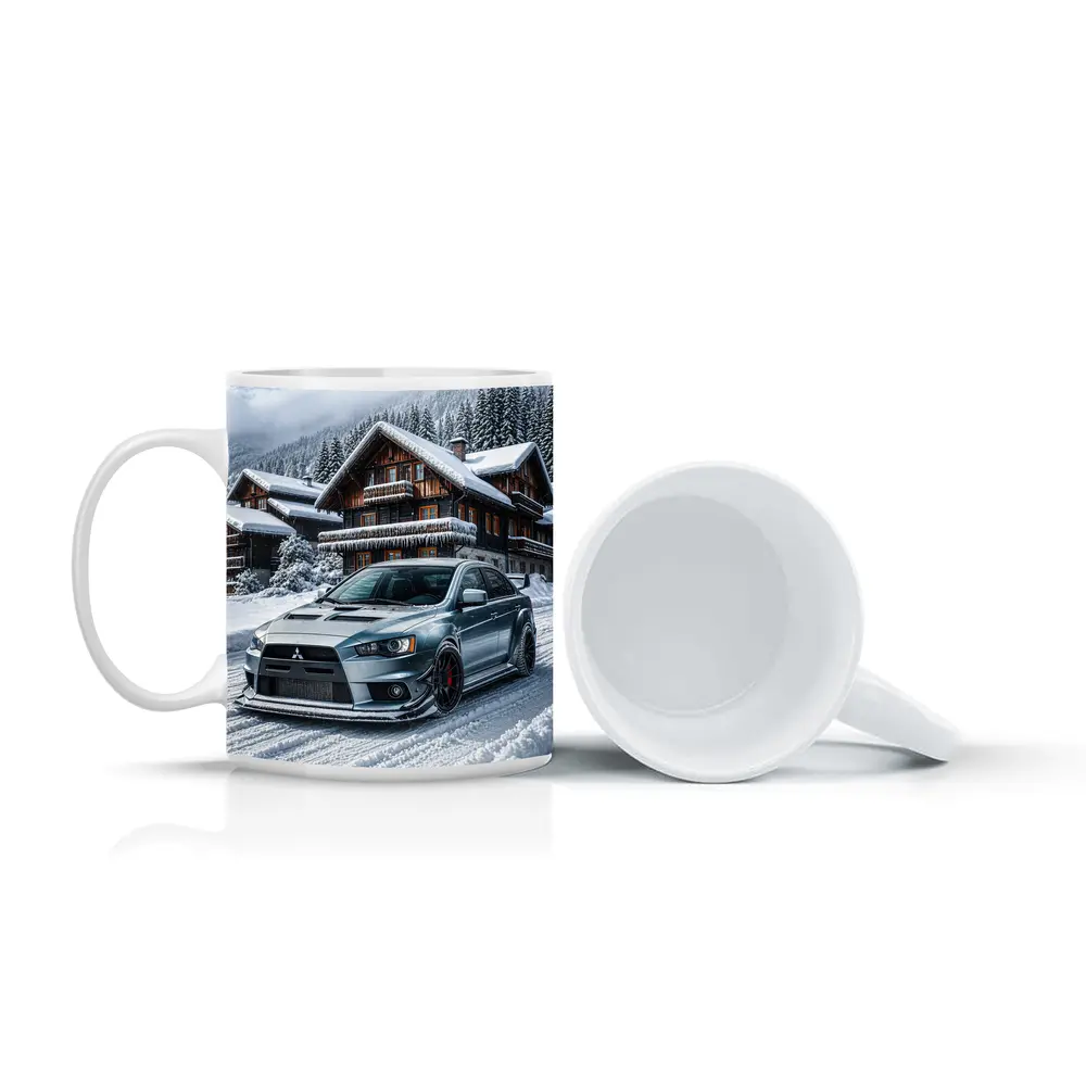 Mitsubishi Lancer Evolution Silver Winter Mountain Scene – Mugs