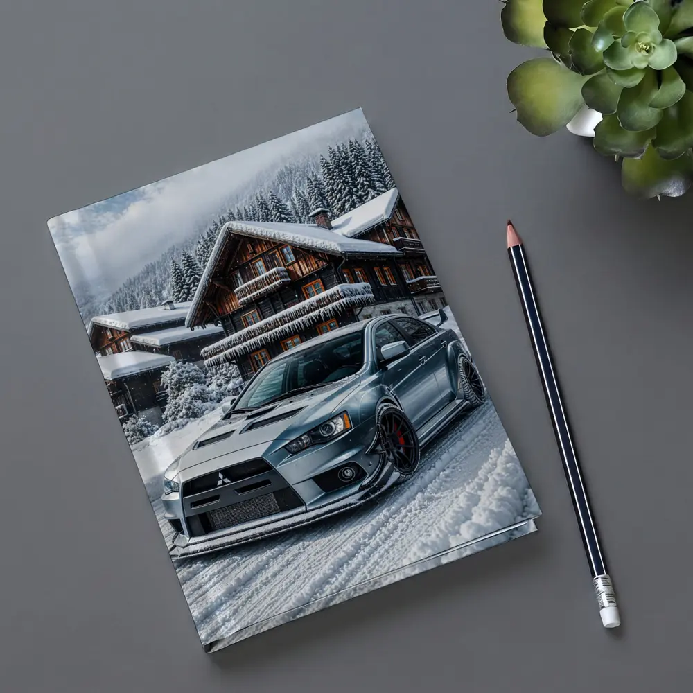 Mitsubishi Lancer Evolution Silver Winter Mountain Scene – Notebooks