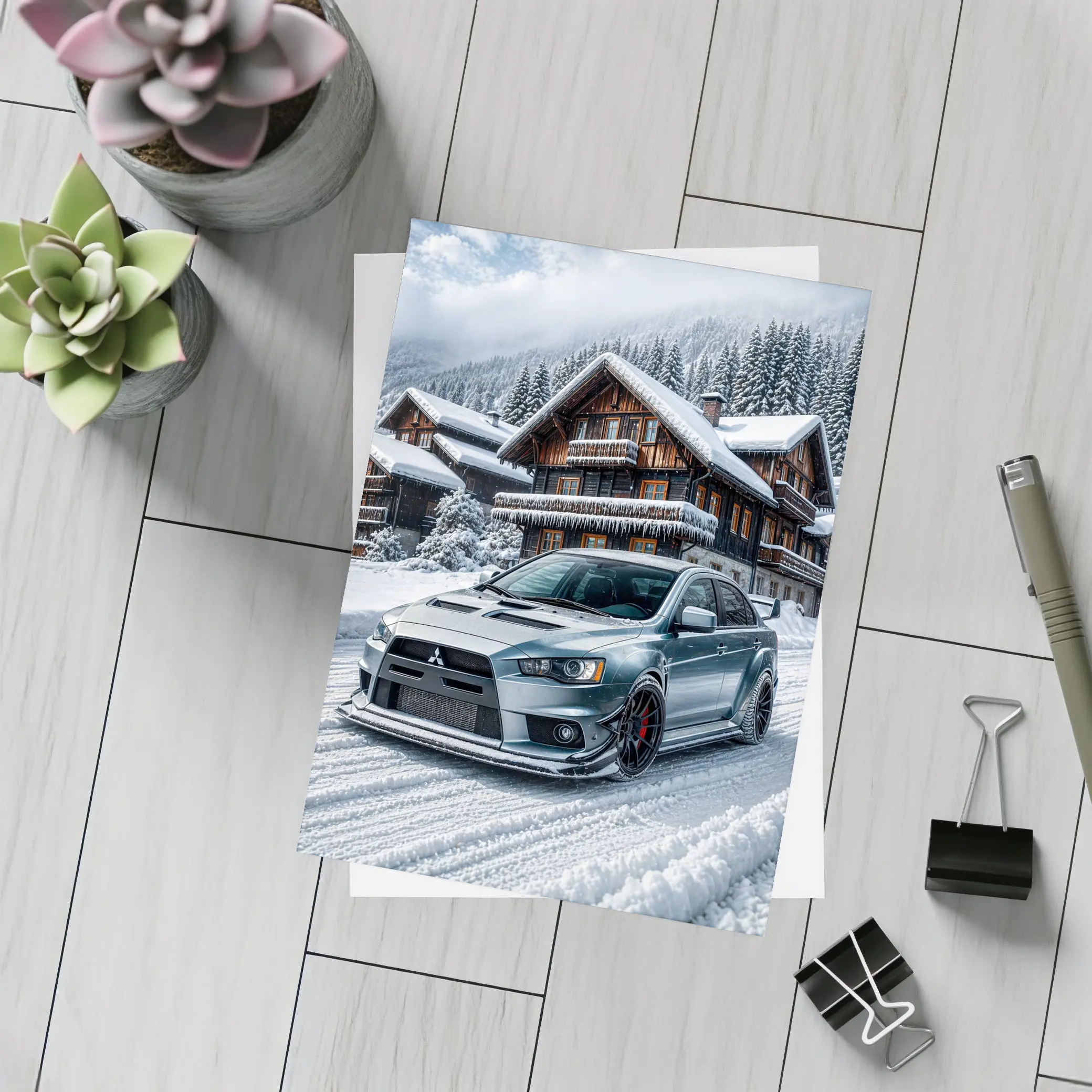 Mitsubishi Lancer Evolution Silver Winter Mountain Scene – Postcards
