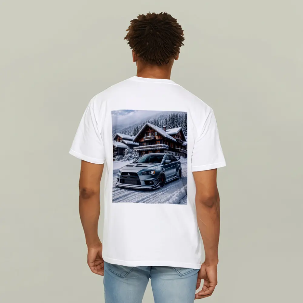 Mitsubishi Lancer Evolution Silver Winter Mountain Scene – T-Shirts