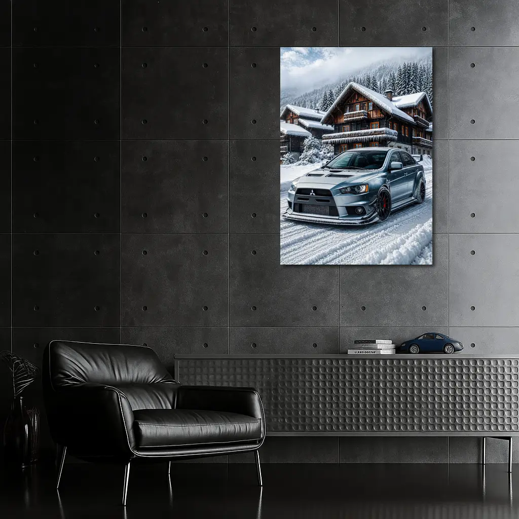 Mitsubishi Lancer Evolution Silver Winter Mountain Scene – Wall Art