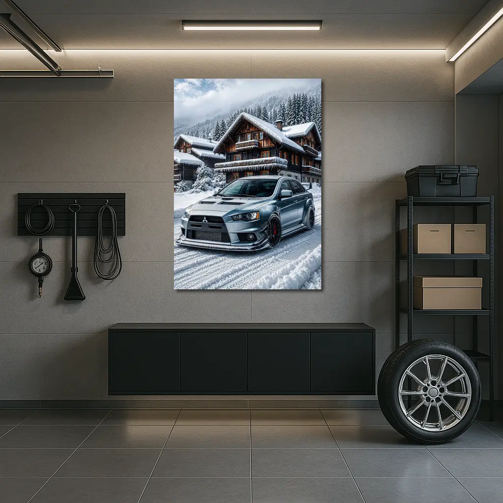 Mitsubishi Lancer Evolution Silver Winter Mountain Scene – Wall Art