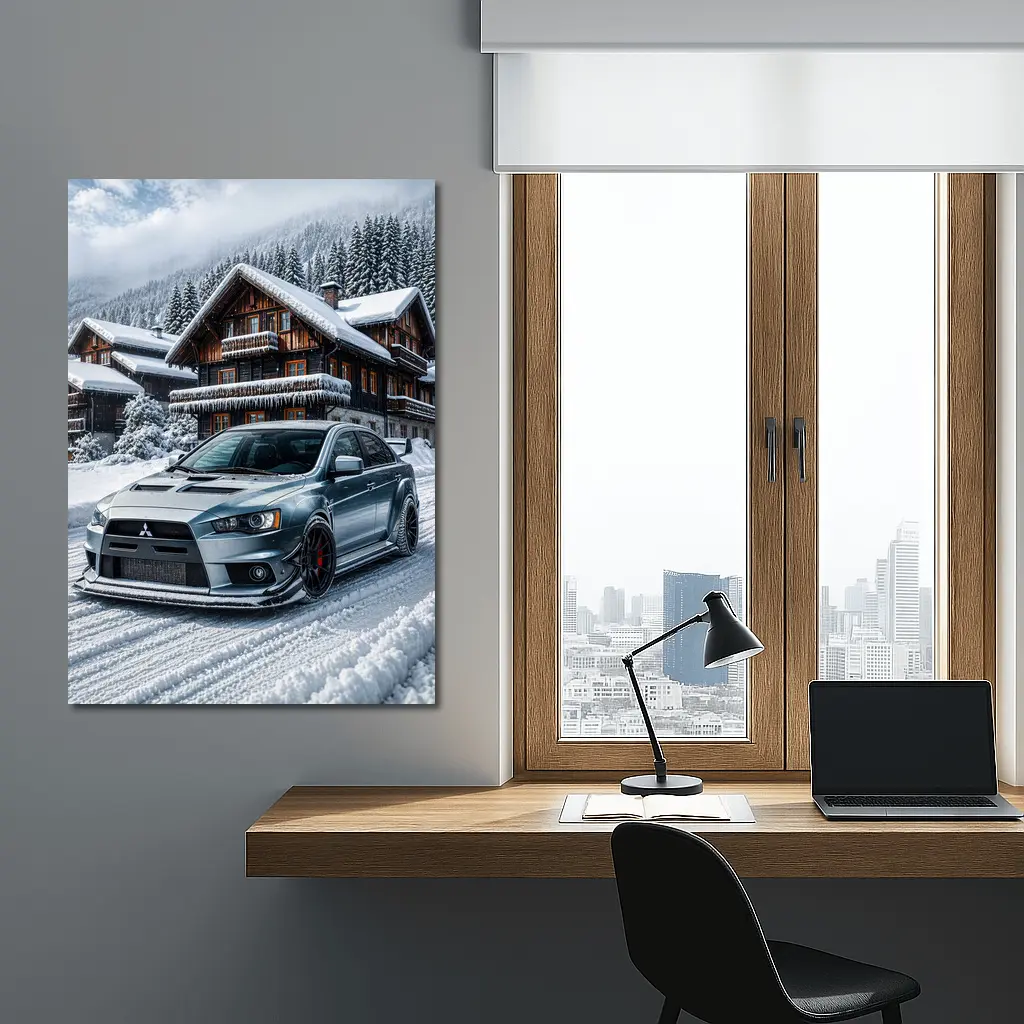 Mitsubishi Lancer Evolution Silver Winter Mountain Scene – Wall Art