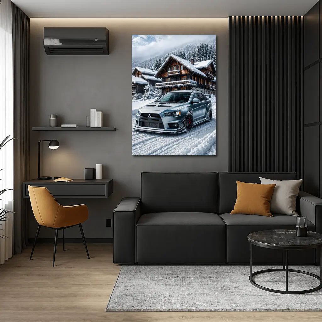 Mitsubishi Lancer Evolution Silver Winter Mountain Scene – Wall Art