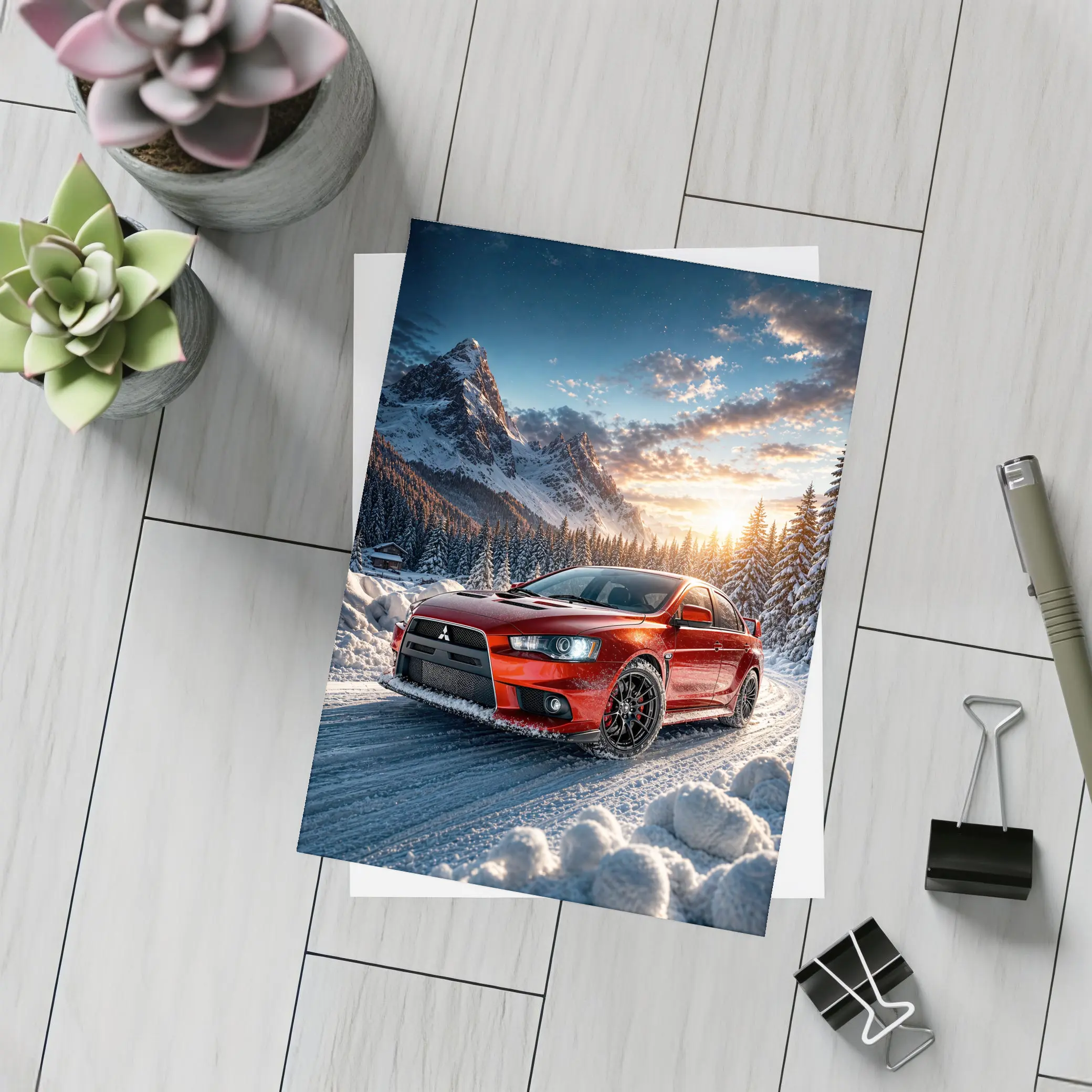 Mitsubishi Lancer Evolution Red Winter Mountain Drive – Postcards