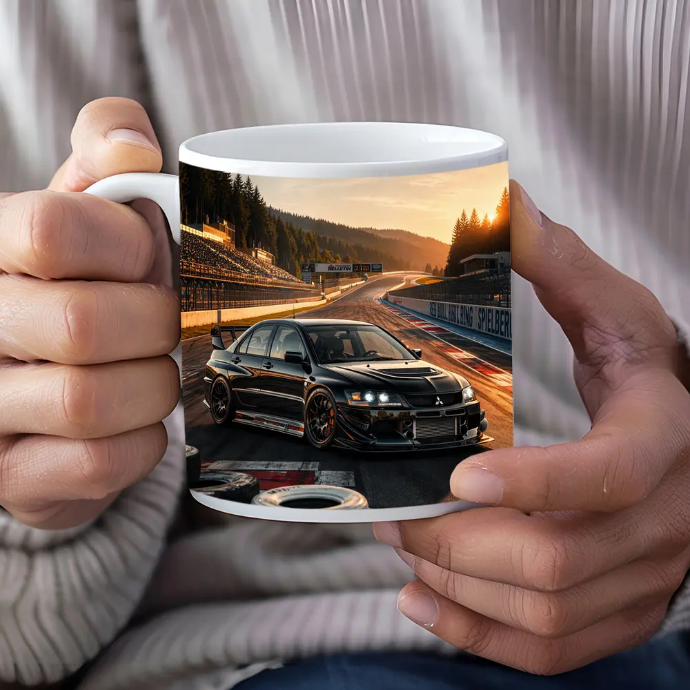 Mitsubishi Lancer Evolution Black on Race Track – Mugs