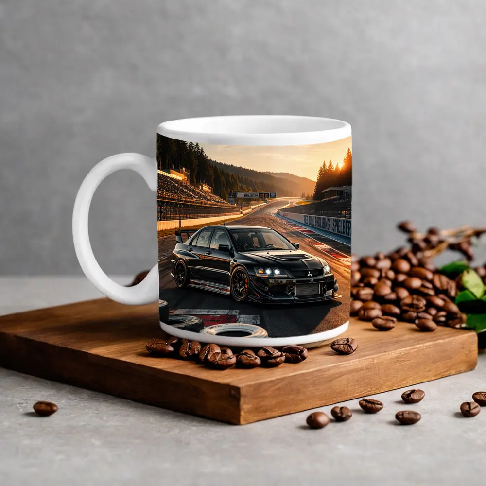 Mitsubishi Lancer Evolution Black on Race Track – Mugs