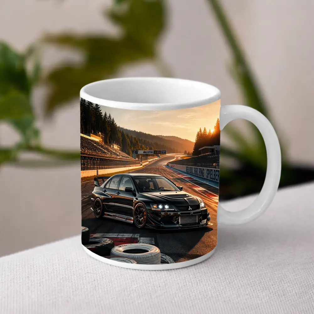 Mitsubishi Lancer Evolution Black on Race Track – Mugs