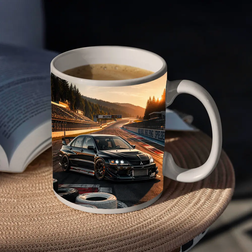 Mitsubishi Lancer Evolution Black on Race Track – Mugs