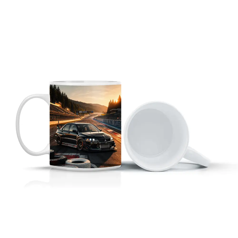 Mitsubishi Lancer Evolution Black on Race Track – Mugs