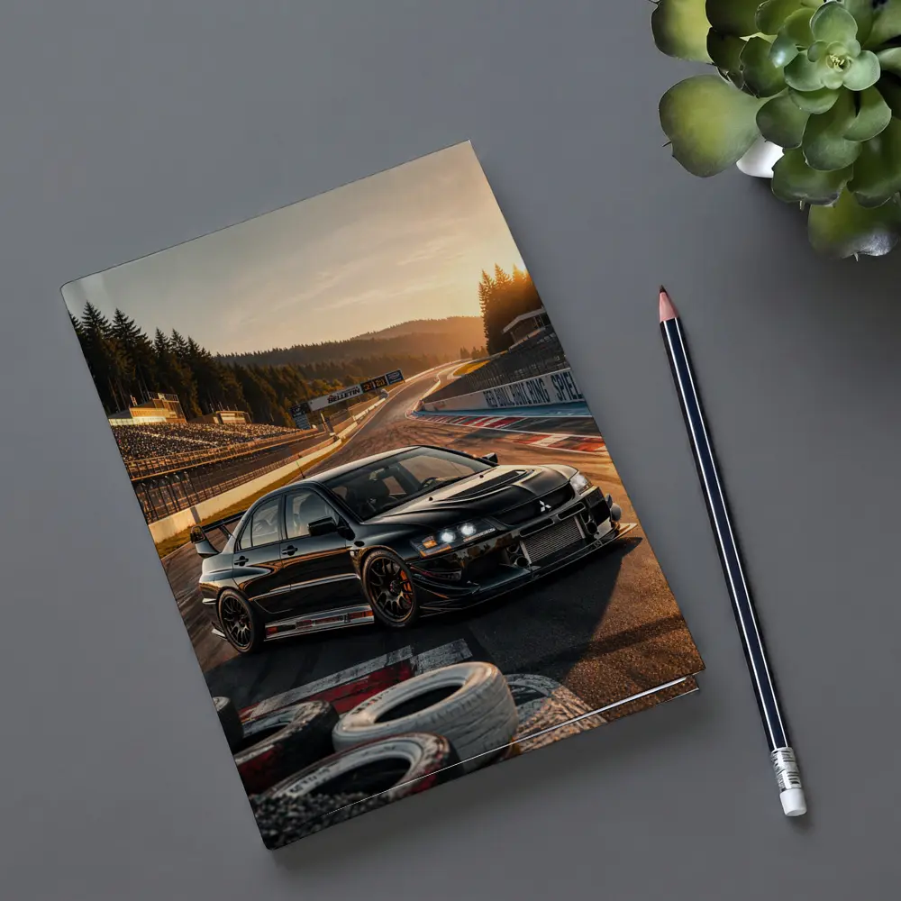 Mitsubishi Lancer Evolution Black on Race Track – Notebooks