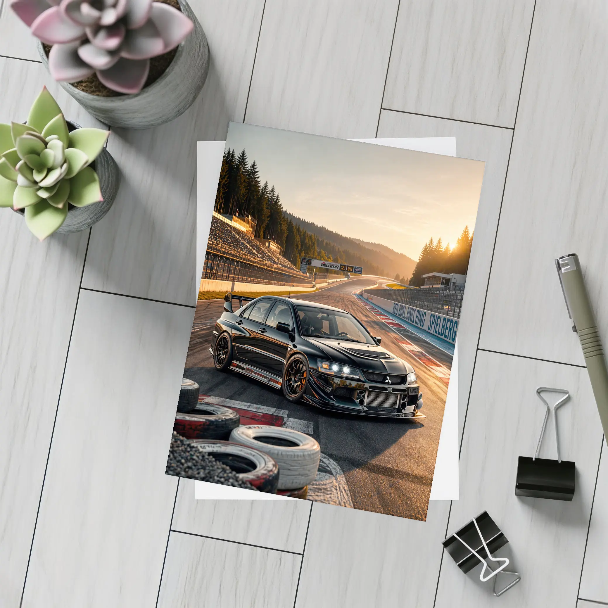 Mitsubishi Lancer Evolution Black on Race Track – Postcards