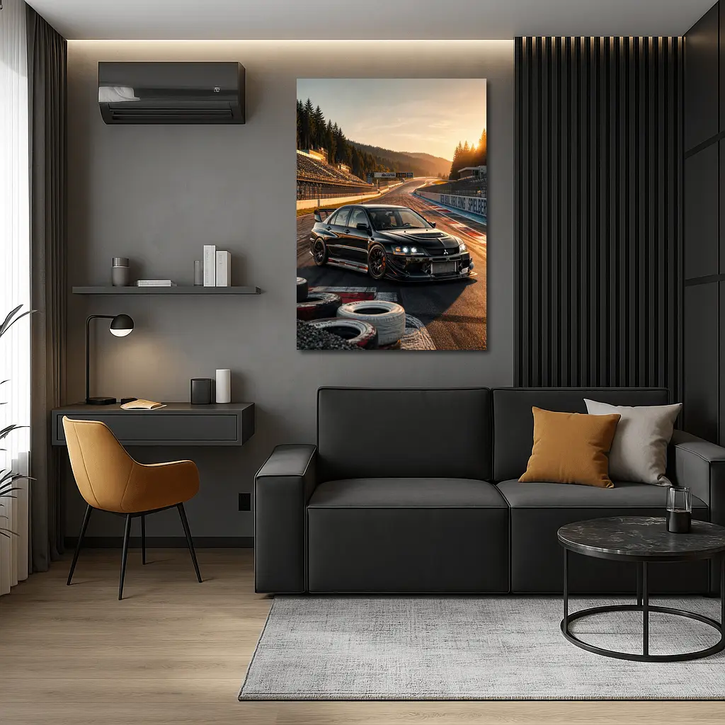 Mitsubishi Lancer Evolution Black on Race Track – Wall Art