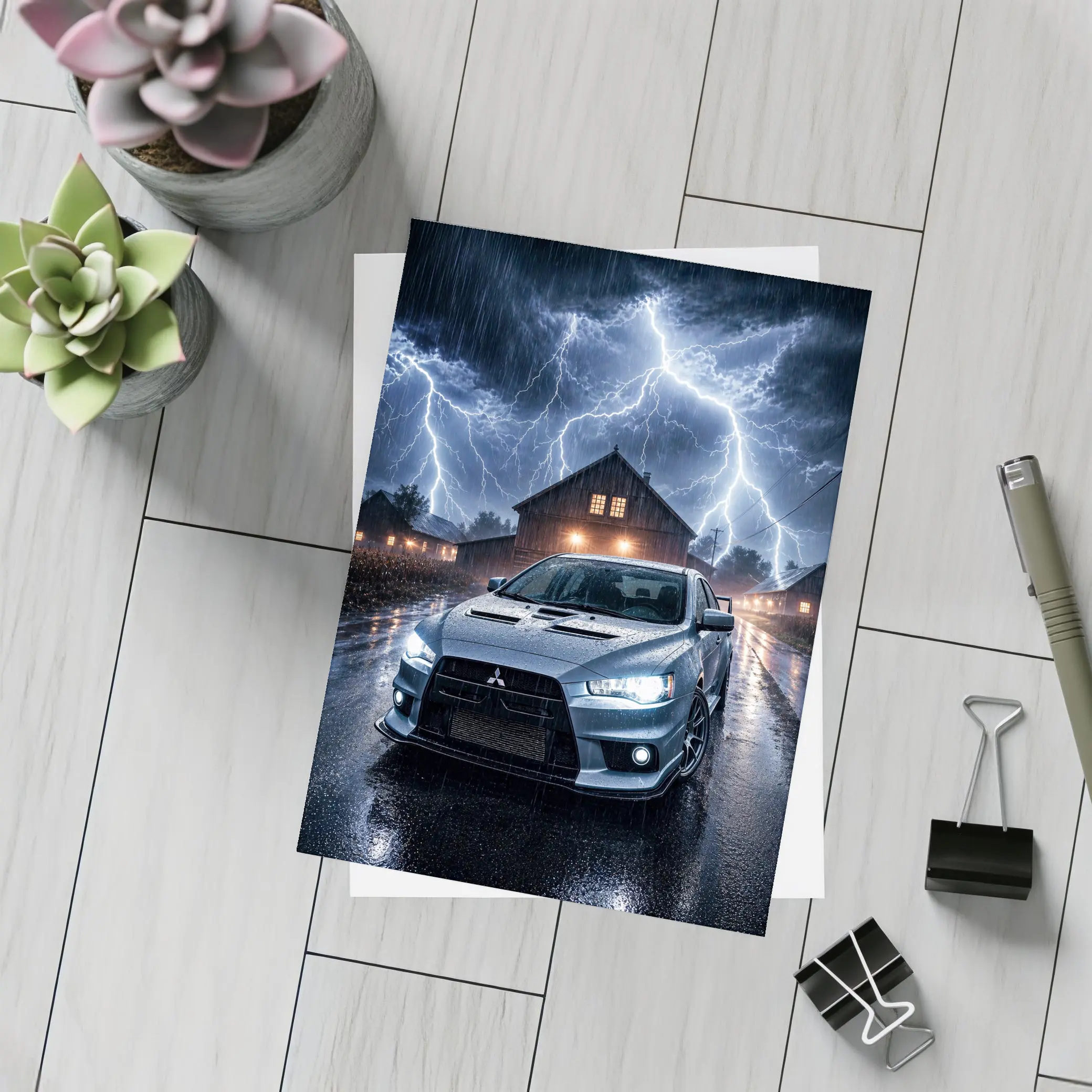 Mitsubishi Lancer Evolution Storm Night Scene – Postcards