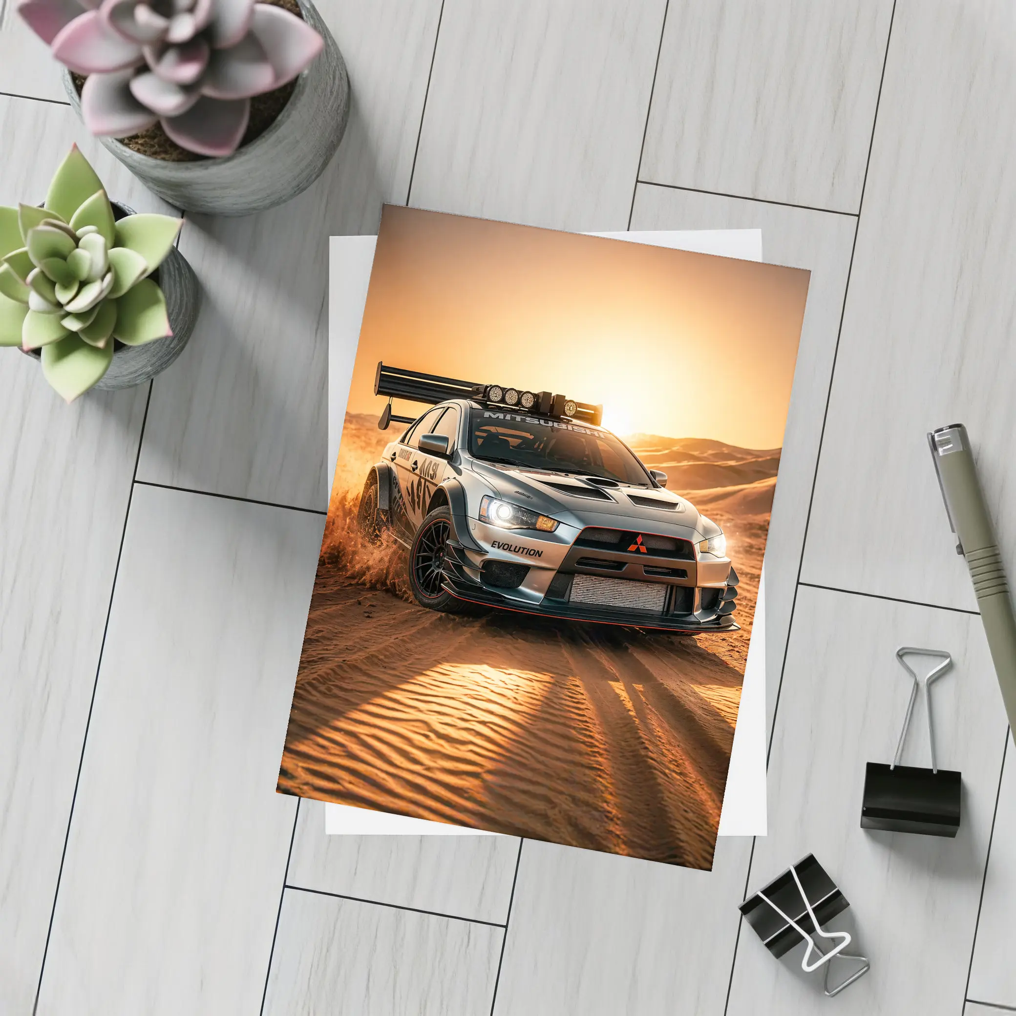 Mitsubishi Lancer Evolution Desert Rally Sunset – Postcards