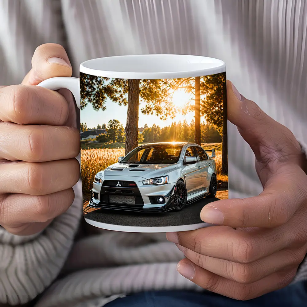 Mitsubishi Lancer Evolution Parked Sunny Forest – Mugs