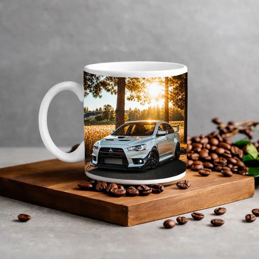 Mitsubishi Lancer Evolution Parked Sunny Forest – Mugs