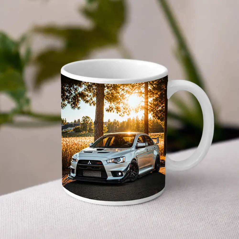 Mitsubishi Lancer Evolution Parked Sunny Forest – Mugs