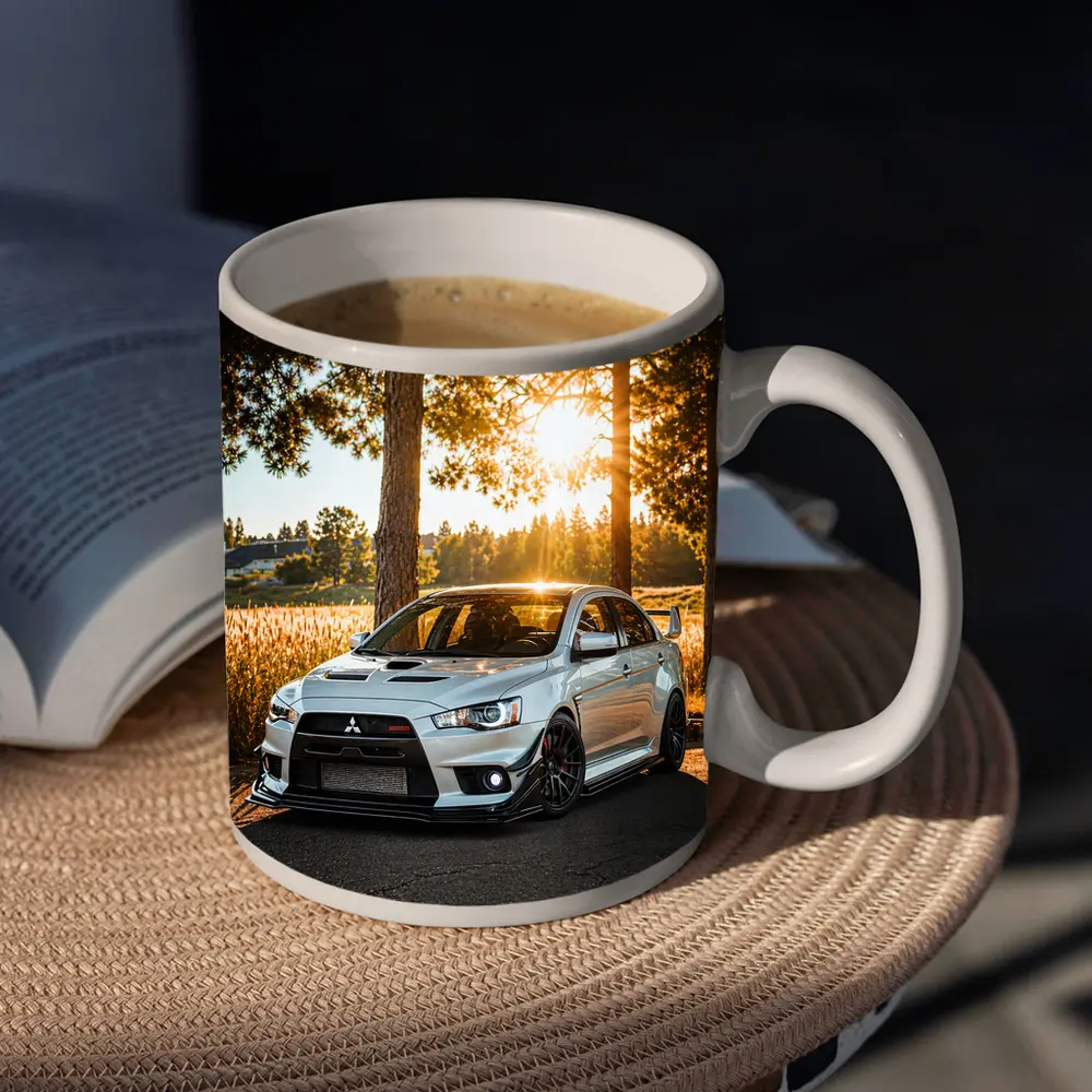 Mitsubishi Lancer Evolution Parked Sunny Forest – Mugs