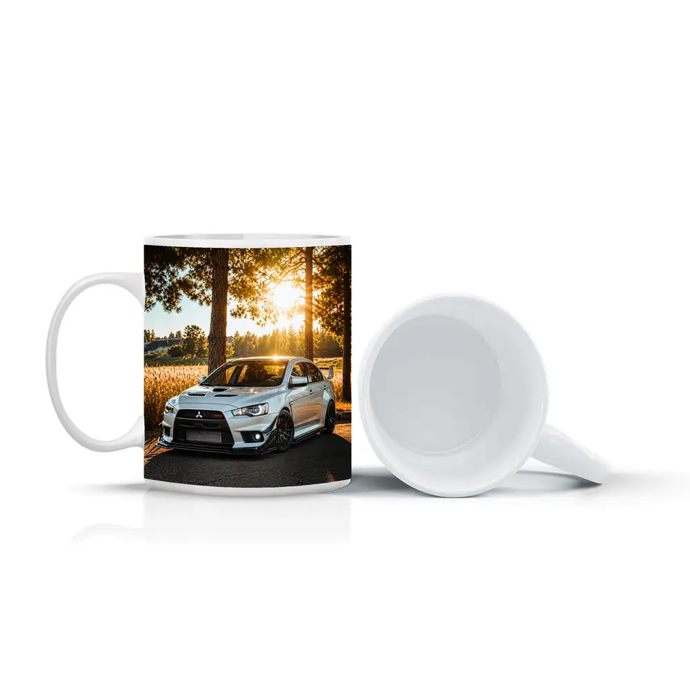 Mitsubishi Lancer Evolution Parked Sunny Forest – Mugs