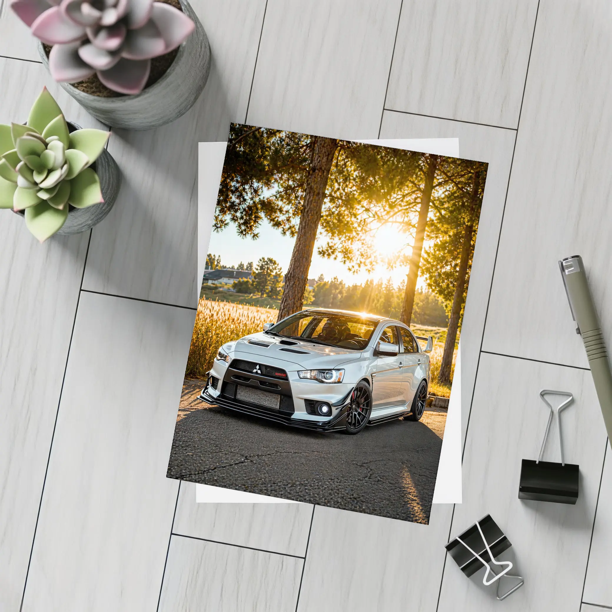 Mitsubishi Lancer Evolution Parked Sunny Forest – Postcards
