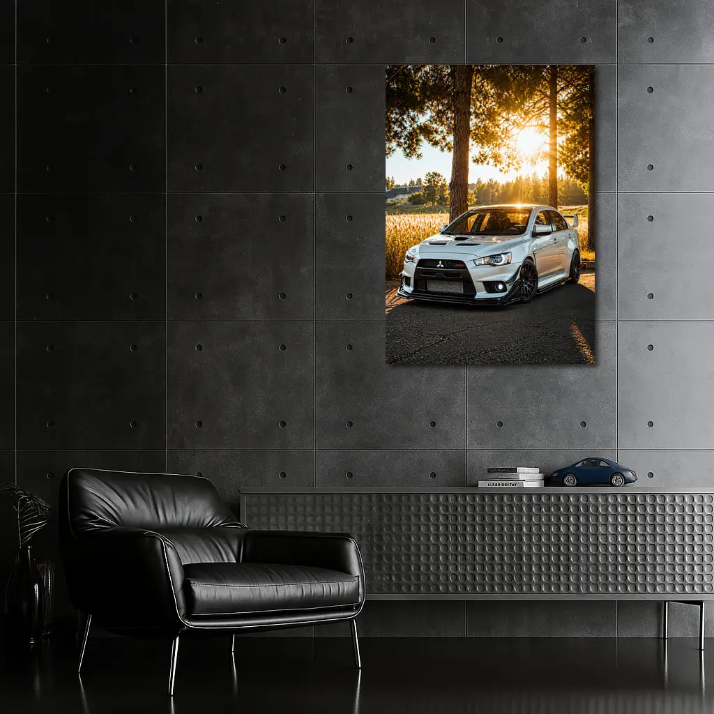 Mitsubishi Lancer Evolution Parked Sunny Forest – Wall Art