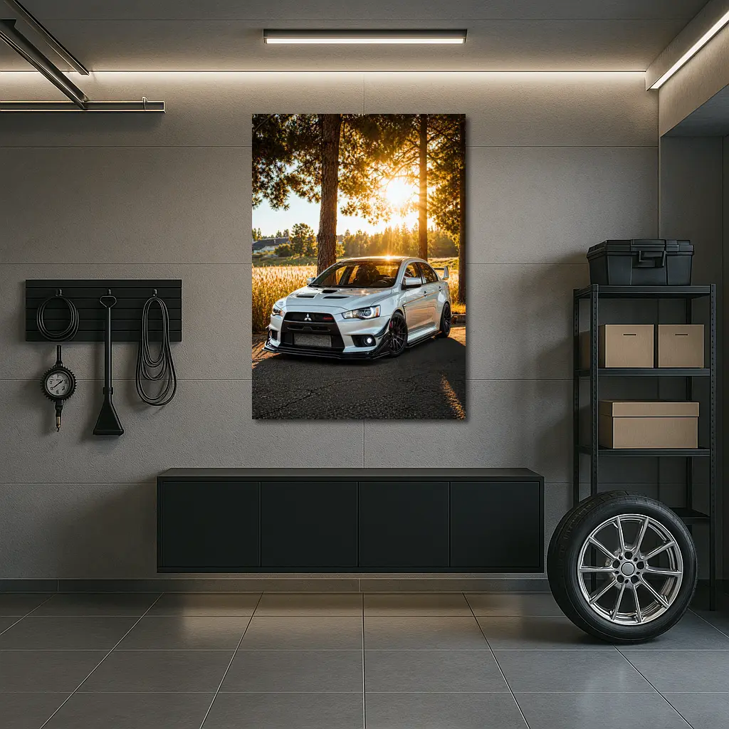 Mitsubishi Lancer Evolution Parked Sunny Forest – Wall Art