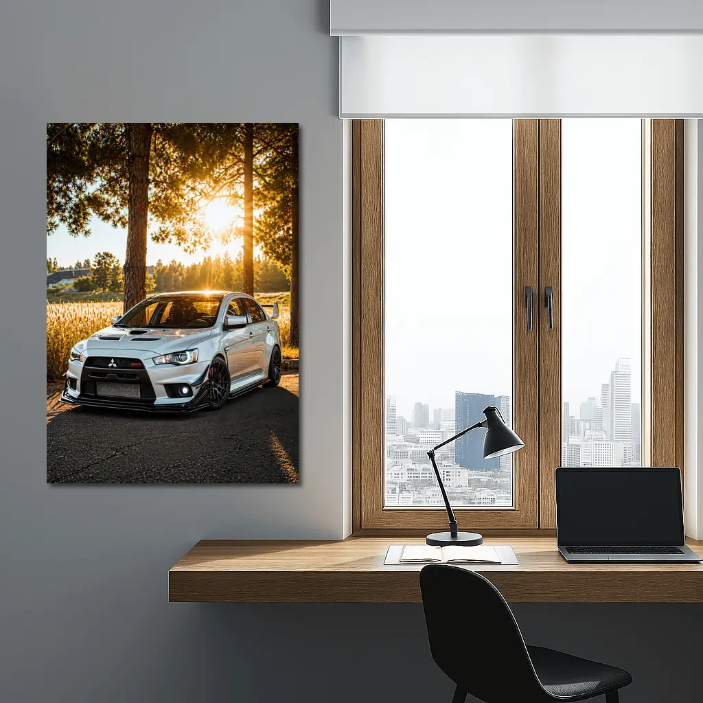 Mitsubishi Lancer Evolution Parked Sunny Forest – Wall Art