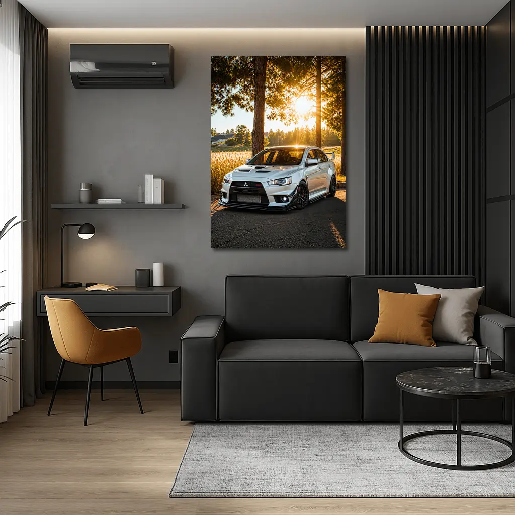 Mitsubishi Lancer Evolution Parked Sunny Forest – Wall Art