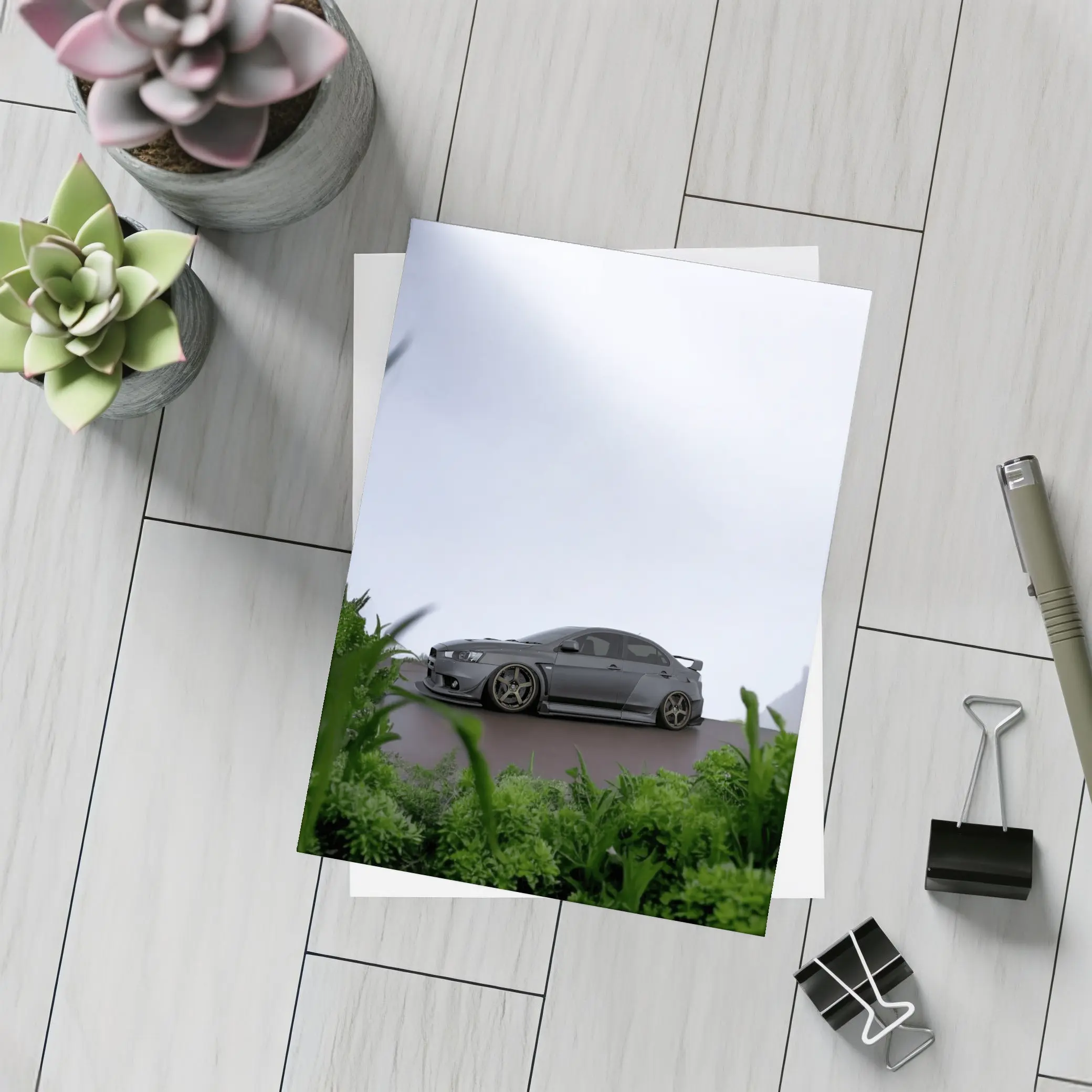 Mitsubishi Lancer Evolution Matte Gray Overcast Setting – Postcards