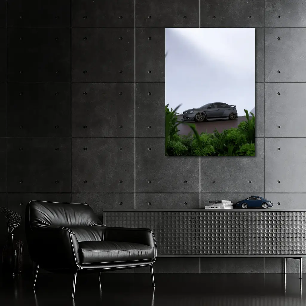Mitsubishi Lancer Evolution Matte Gray Overcast Setting – Wall Art